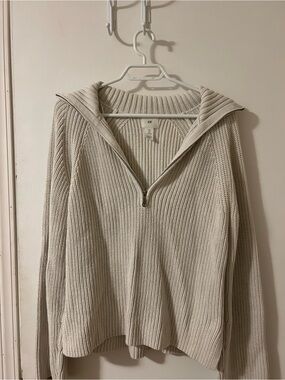 H&M Beige Ribbed Half-Zip Sweater with Folded Collar